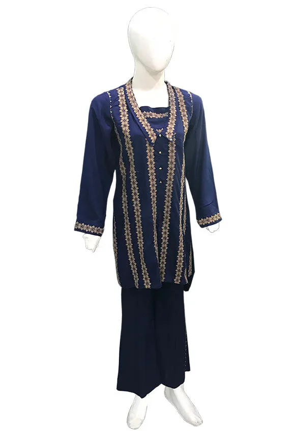 1200-NAVY-BLUE EMBROIDERED LINEN STITCHED