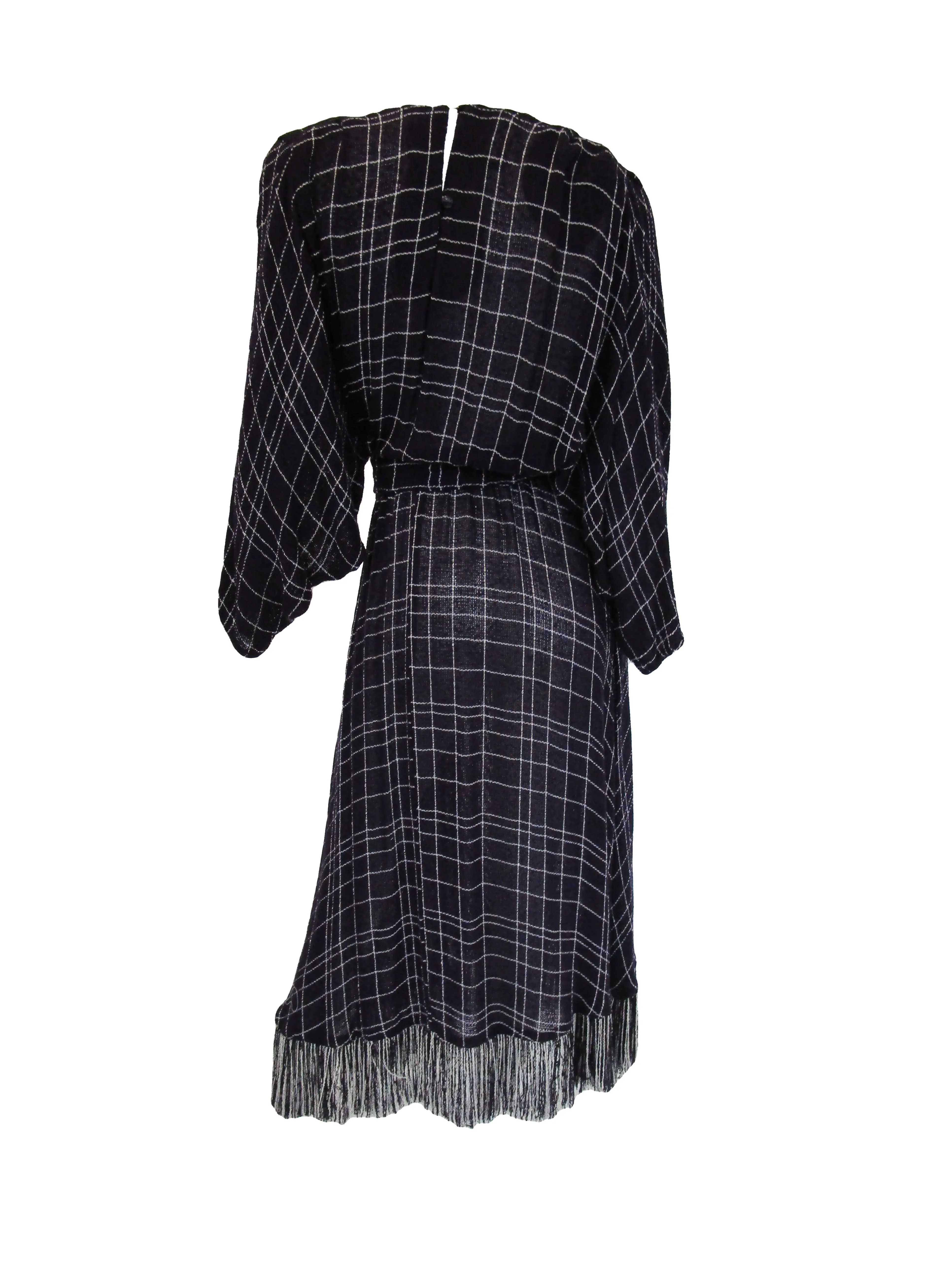 1980s Purple Checked Gauze Fringed Maxi Dress with Shawl and Belt