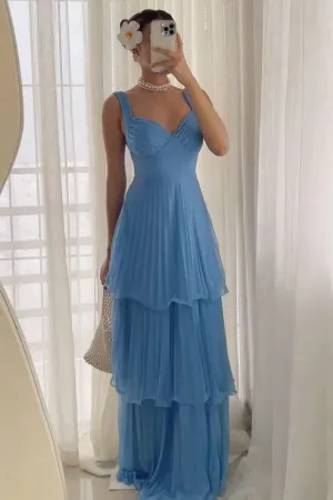 A Line Blue Long Prom Dress Pleated Evening Dress Charming Party Dress Formal Dress