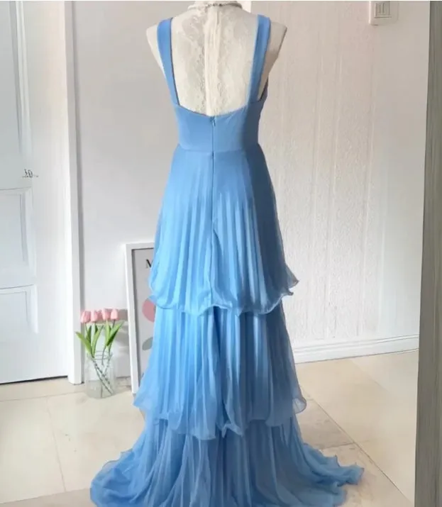 A Line Blue Long Prom Dress Pleated Evening Dress Charming Party Dress Formal Dress