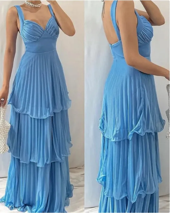 A Line Blue Long Prom Dress Pleated Evening Dress Charming Party Dress Formal Dress
