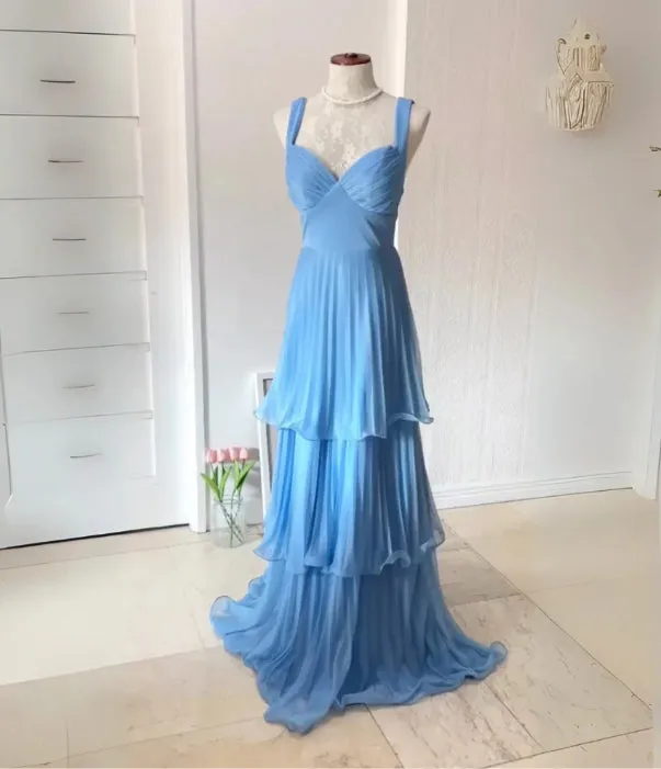 A Line Blue Long Prom Dress Pleated Evening Dress Charming Party Dress Formal Dress