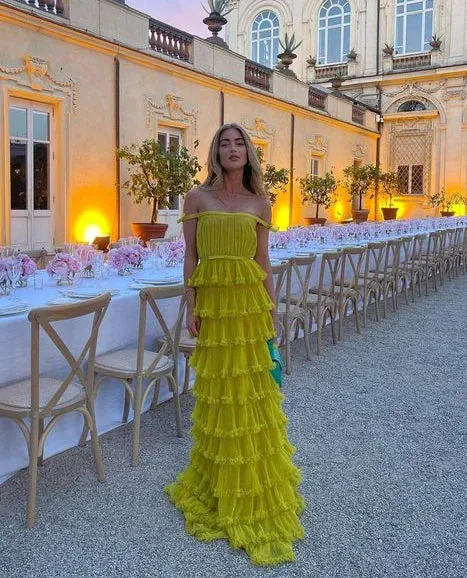A-Line Tiered Tulle Off-The-Shoulder Long Prom Party Dress Evening Dress Formal Dress