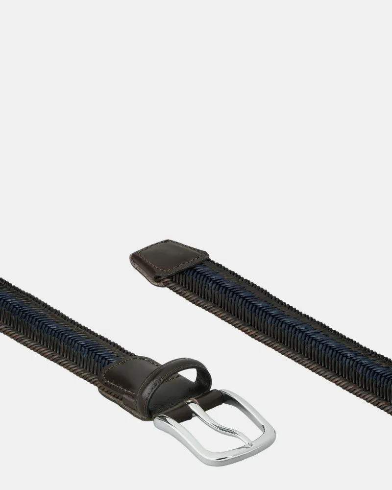 Braided Leather Stretch Belt - Dark Brown   Blue