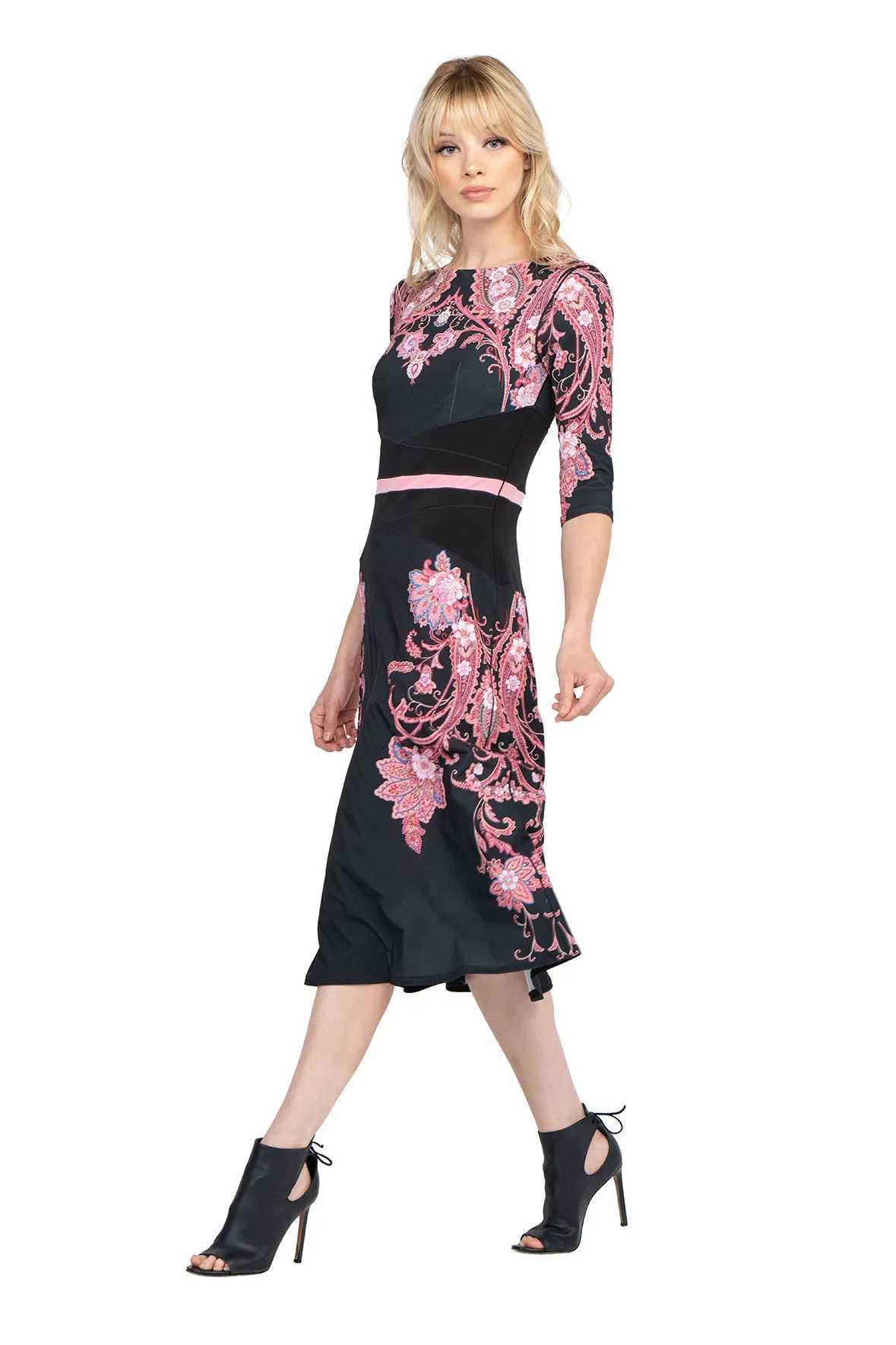 Calf length 3/4 SLV Waist Contrast Insert Dress