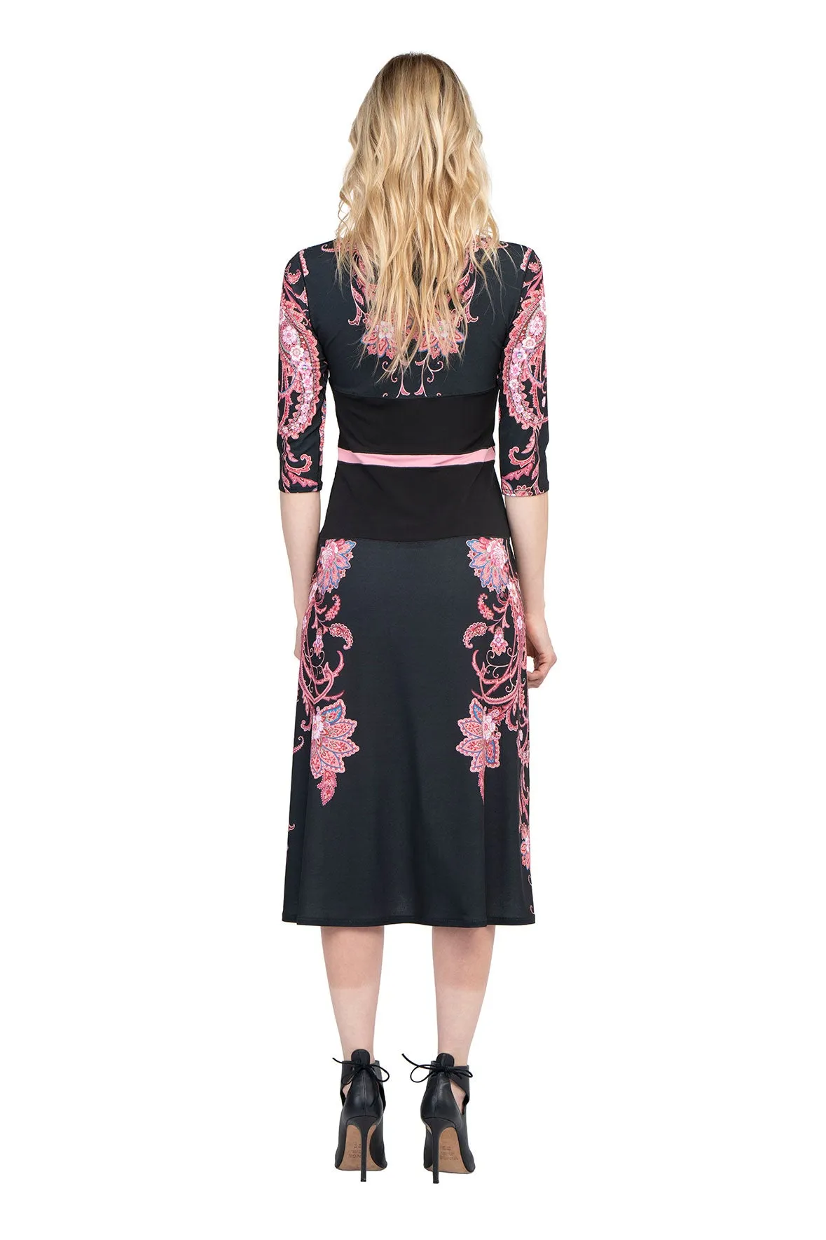 Calf length 3/4 SLV Waist Contrast Insert Dress