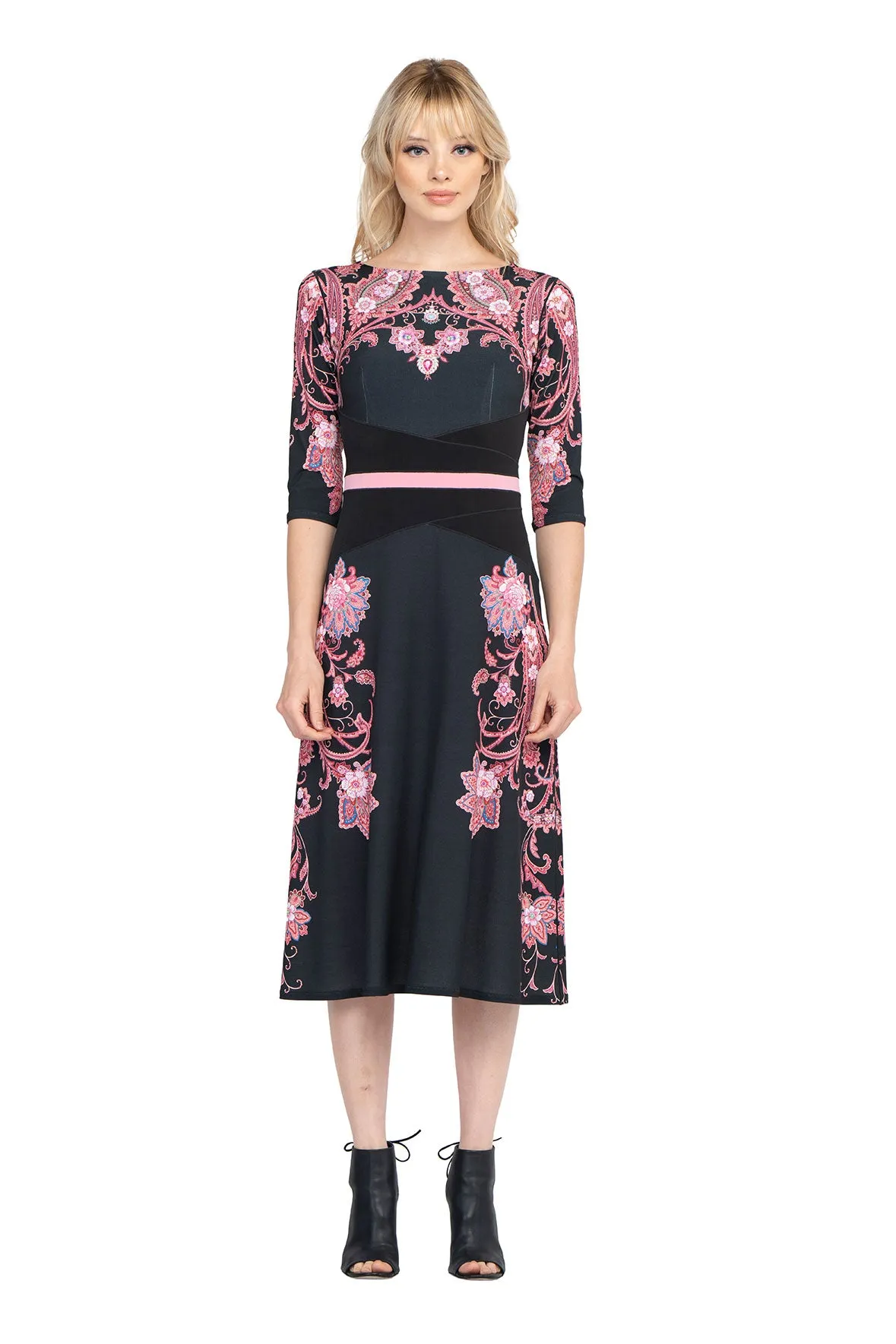 Calf length 3/4 SLV Waist Contrast Insert Dress