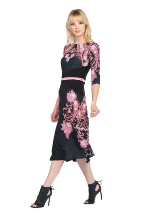 Calf length 3/4 SLV Waist Contrast Insert Dress