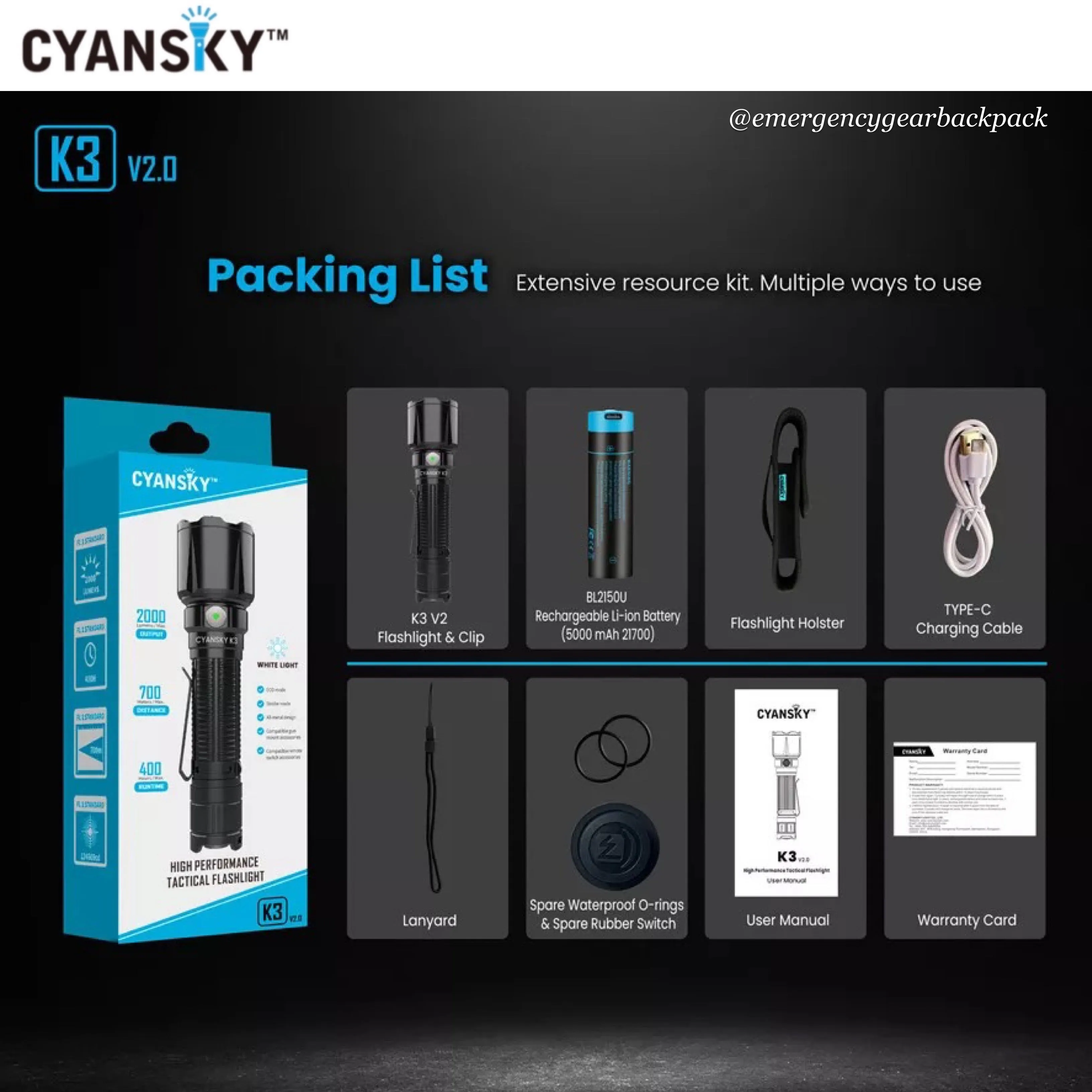 Cyansky K3 V2.0 Tactical Flashlight 2000LMS 700M