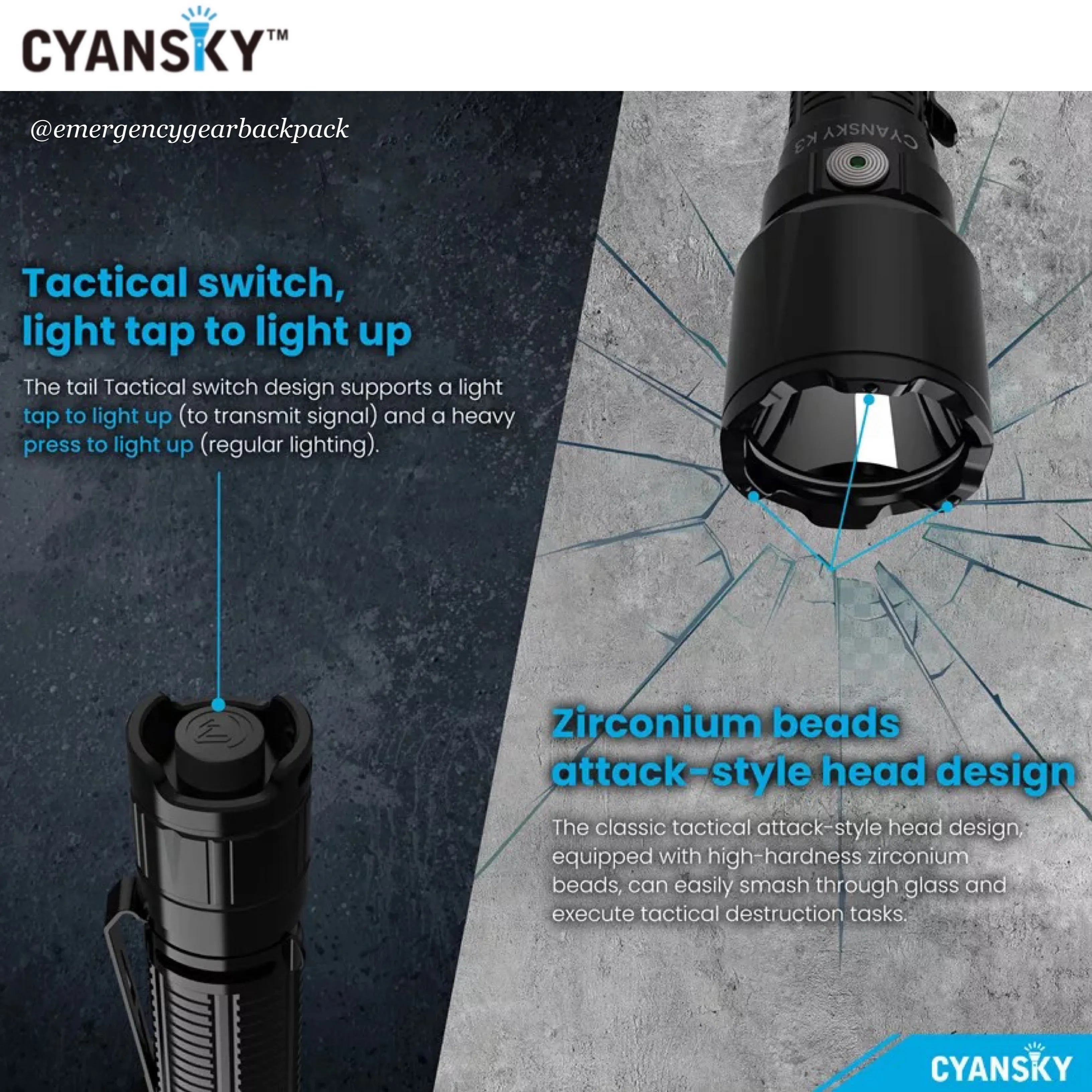 Cyansky K3 V2.0 Tactical Flashlight 2000LMS 700M
