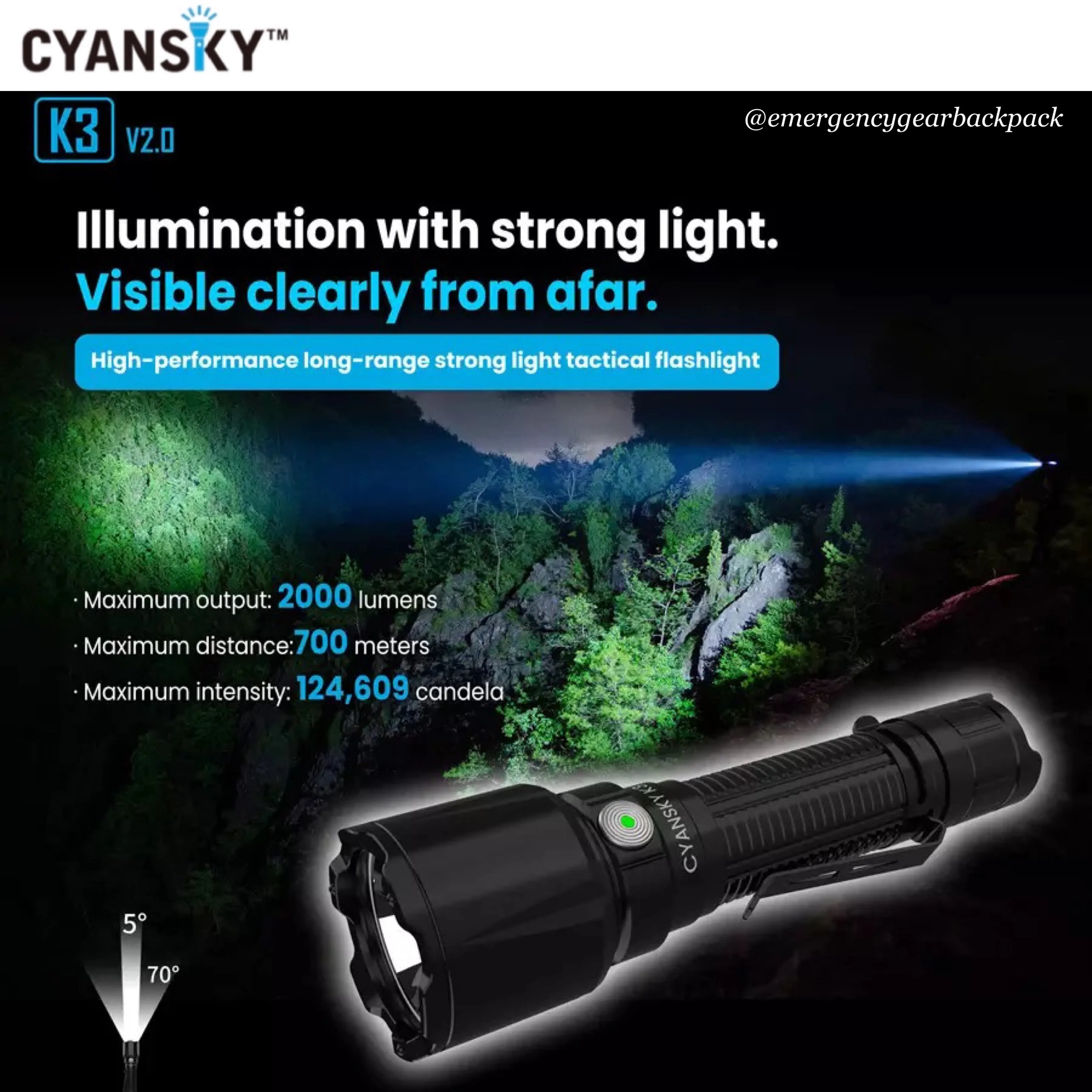 Cyansky K3 V2.0 Tactical Flashlight 2000LMS 700M