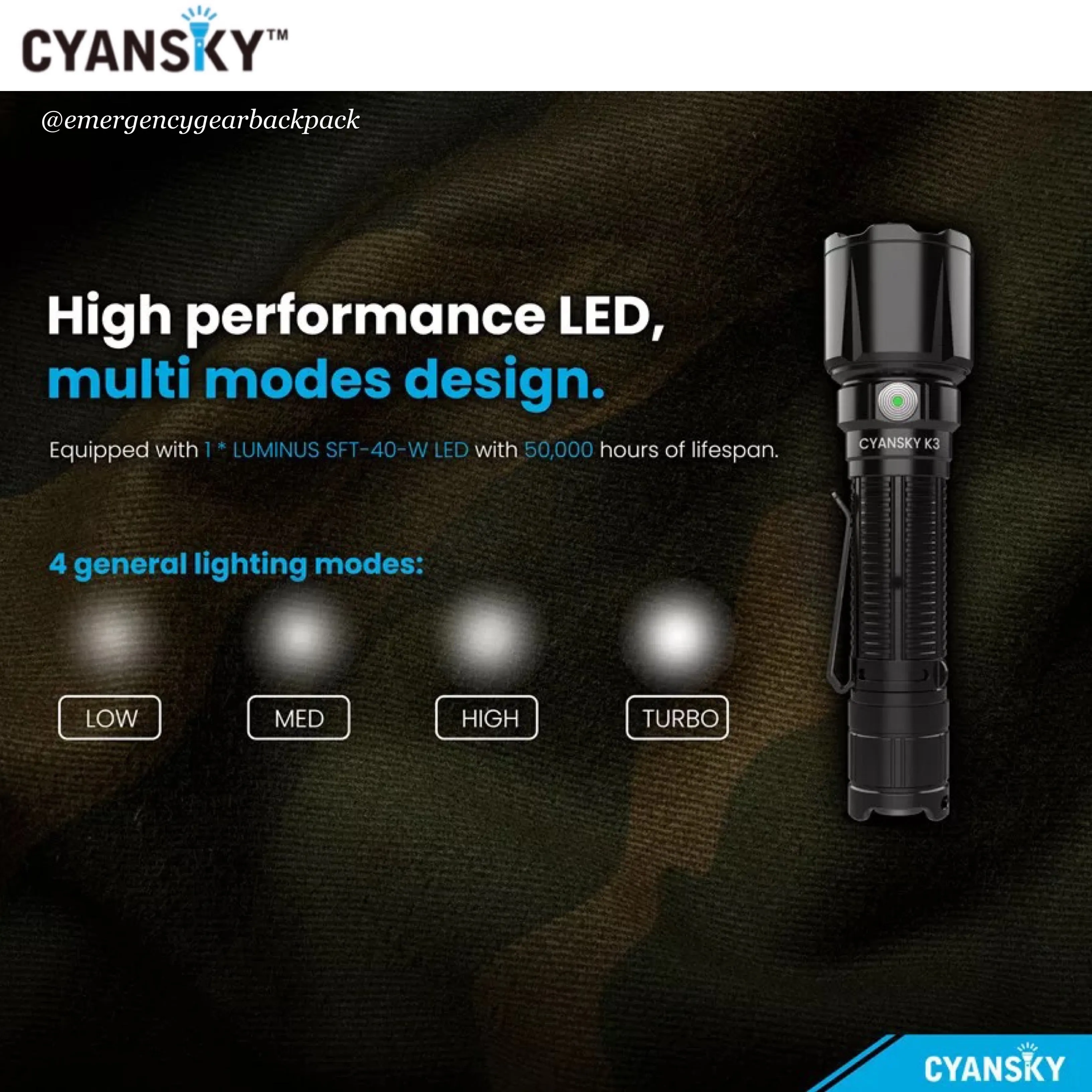 Cyansky K3 V2.0 Tactical Flashlight 2000LMS 700M
