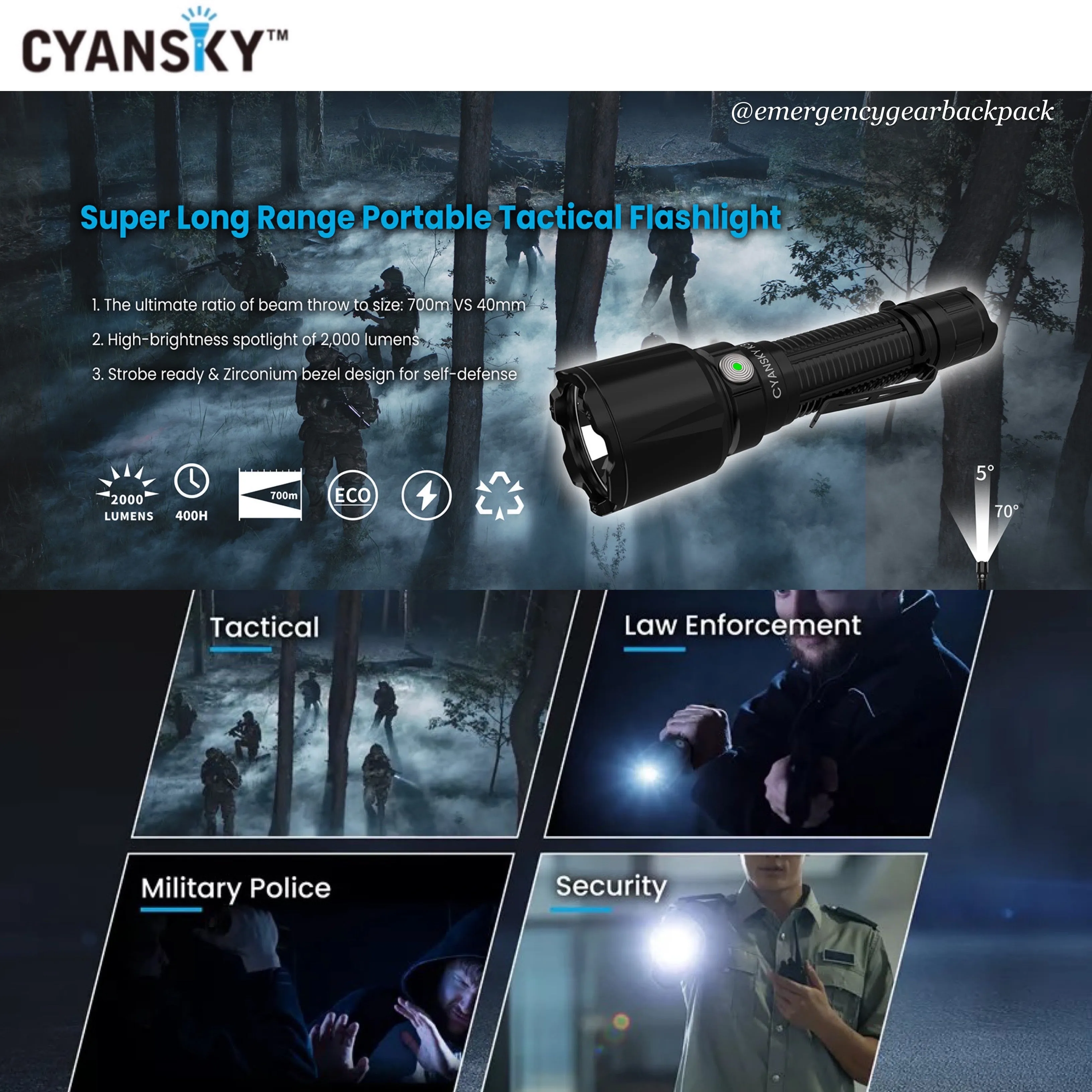 Cyansky K3 V2.0 Tactical Flashlight 2000LMS 700M