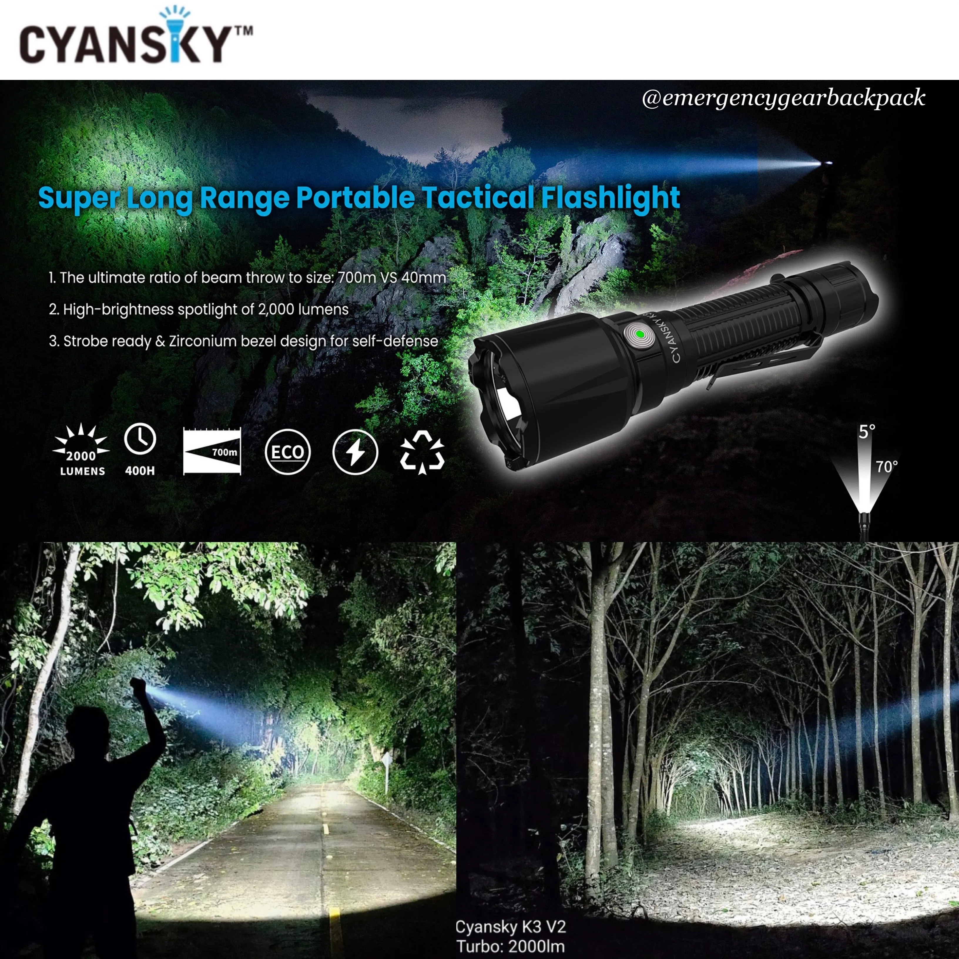 Cyansky K3 V2.0 Tactical Flashlight 2000LMS 700M