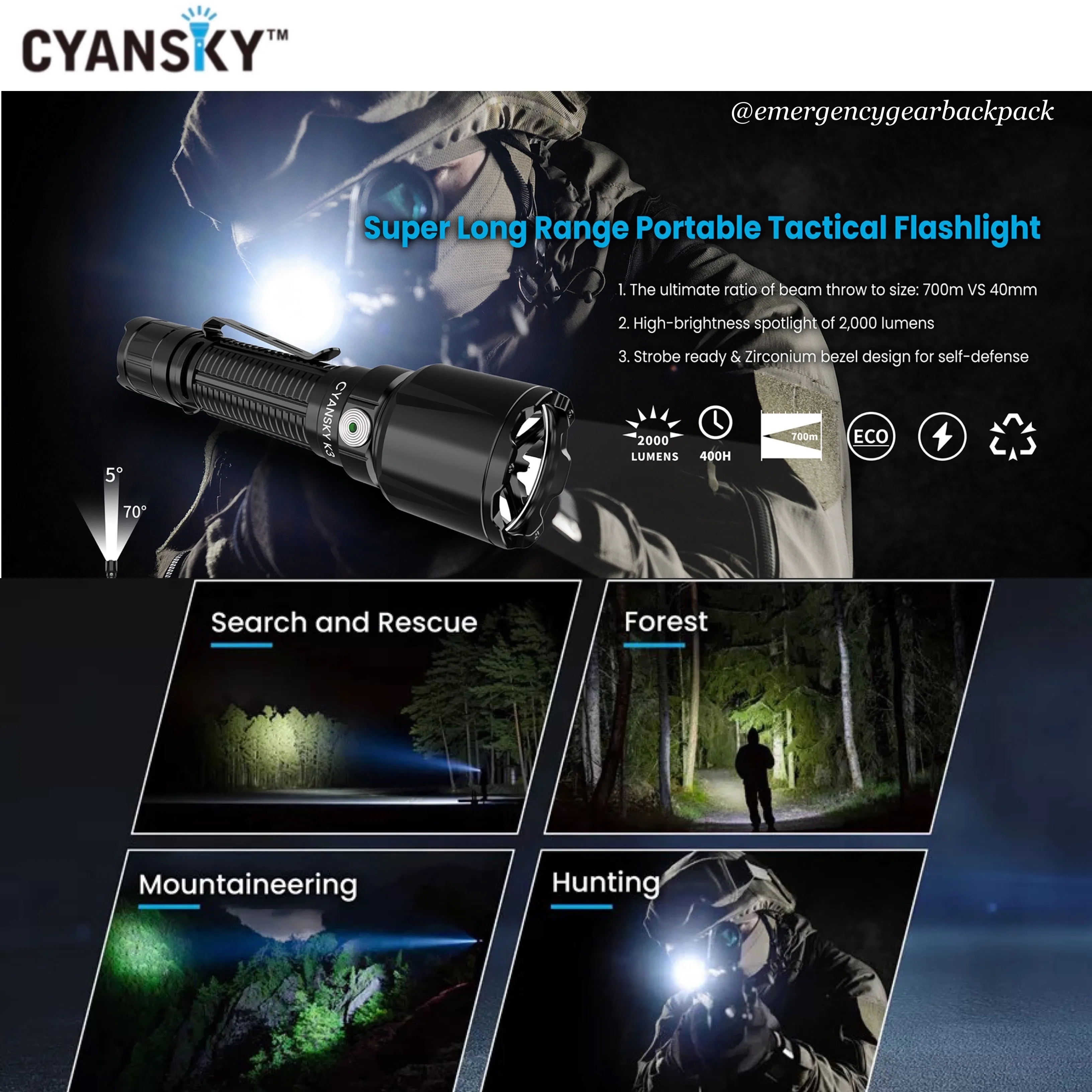 Cyansky K3 V2.0 Tactical Flashlight 2000LMS 700M