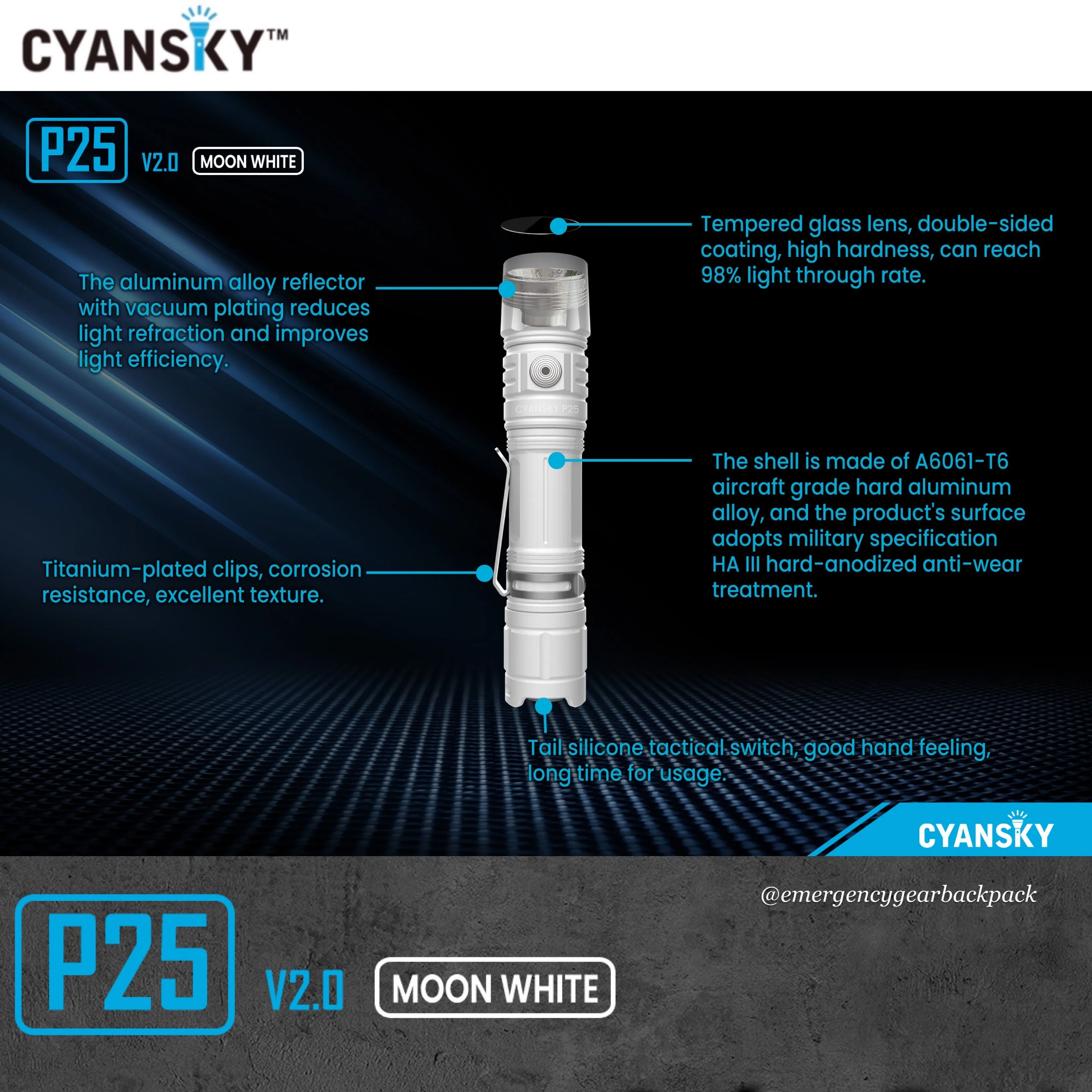 Cyansky P25 V2.0 Moon White Micro-arc Oxidation Outdoor Flashlight