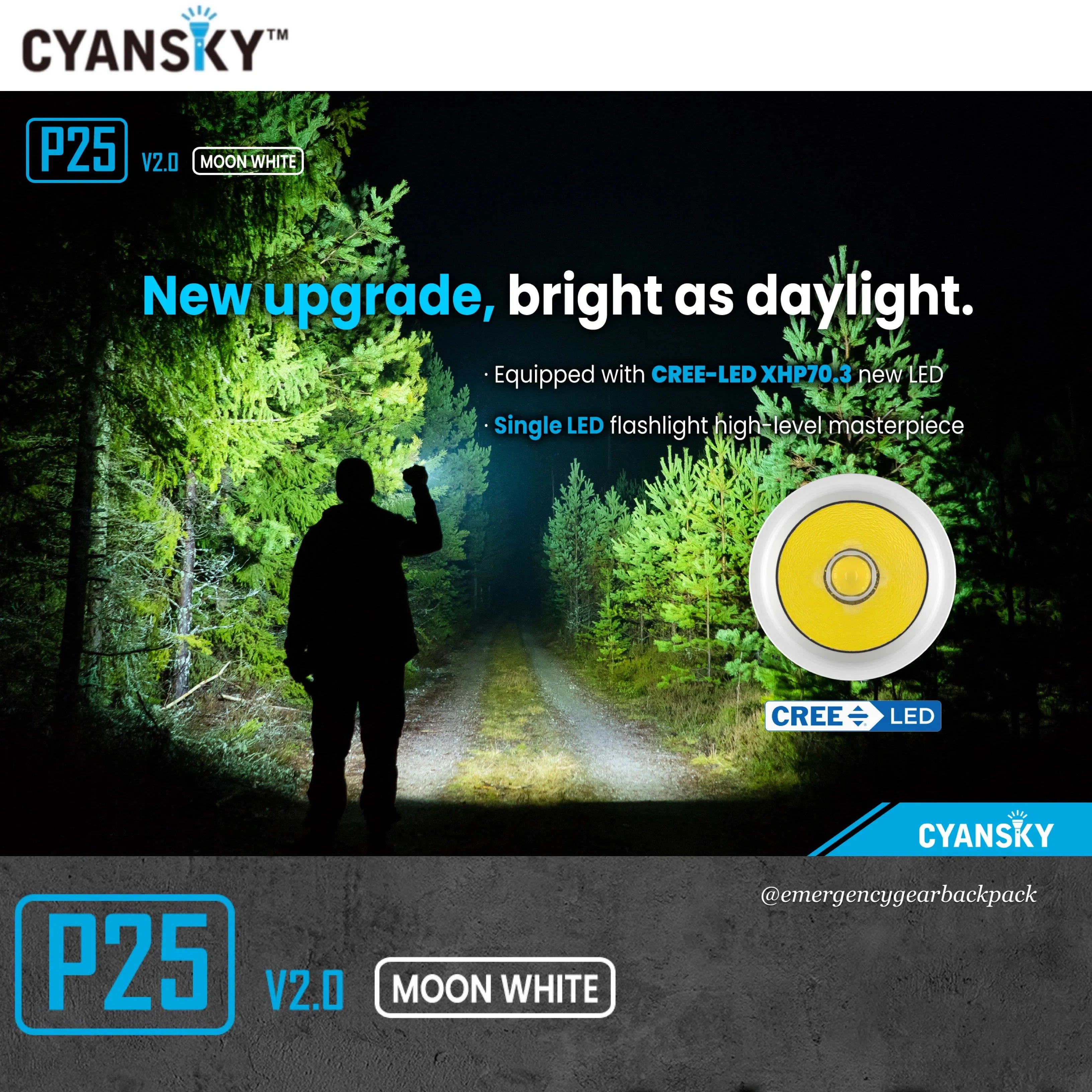 Cyansky P25 V2.0 Moon White Micro-arc Oxidation Outdoor Flashlight