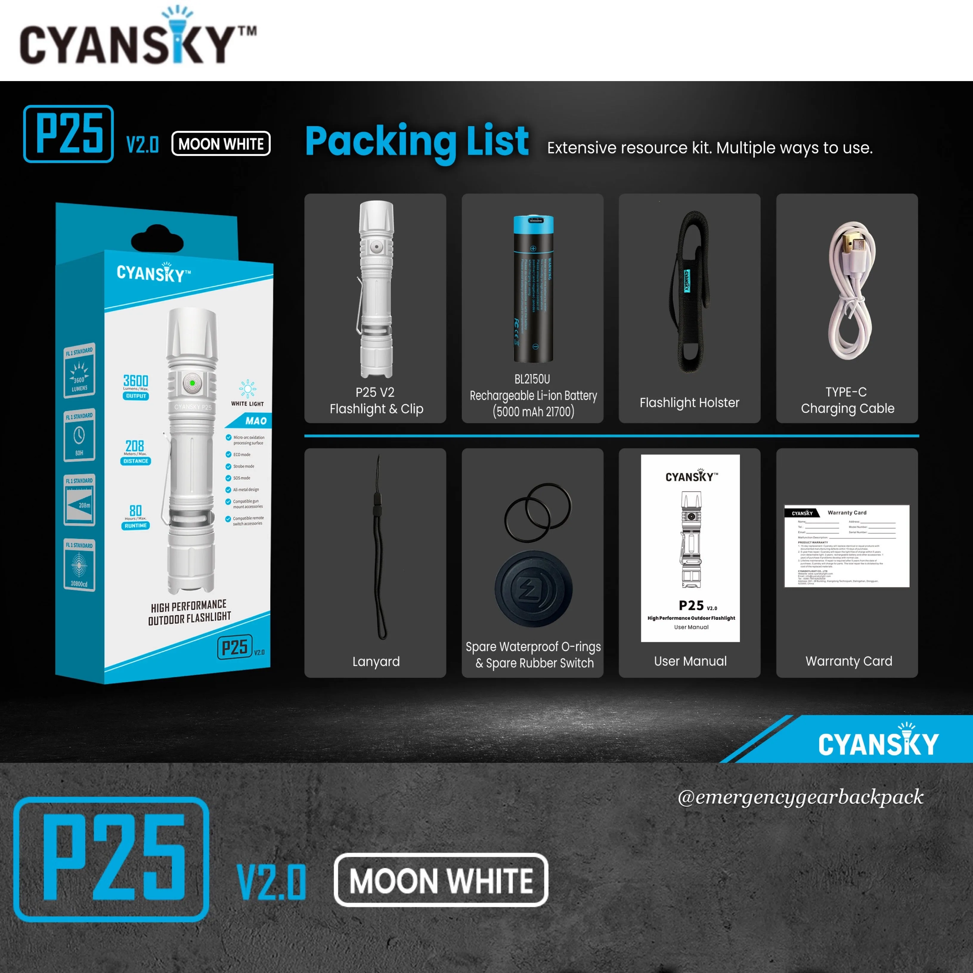 Cyansky P25 V2.0 Moon White Micro-arc Oxidation Outdoor Flashlight