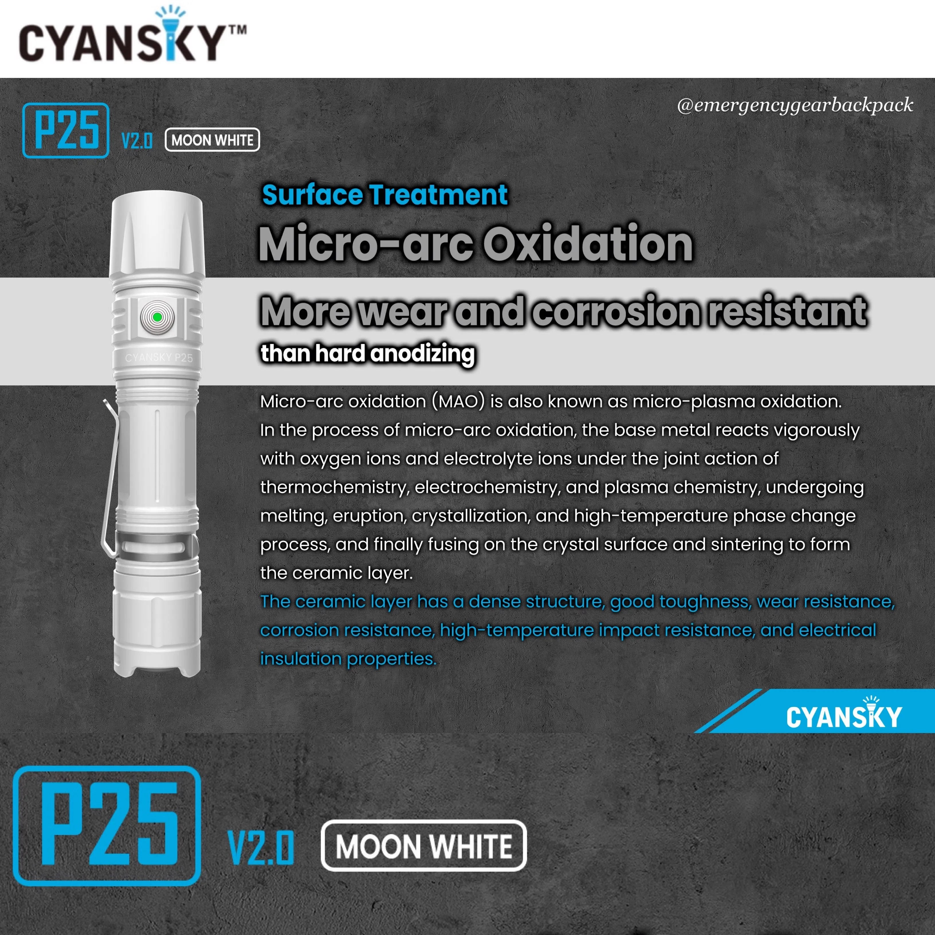 Cyansky P25 V2.0 Moon White Micro-arc Oxidation Outdoor Flashlight