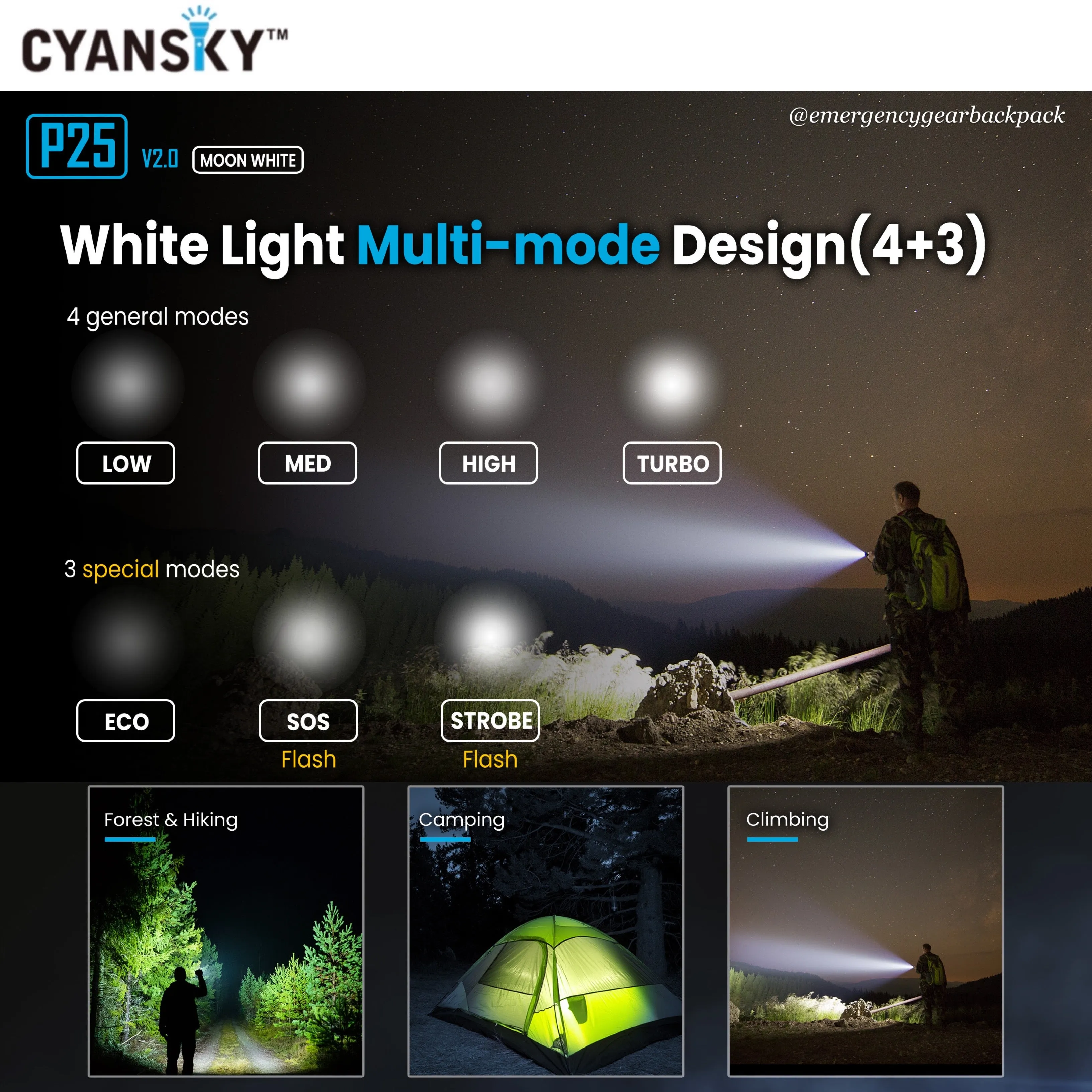 Cyansky P25 V2.0 Moon White Micro-arc Oxidation Outdoor Flashlight