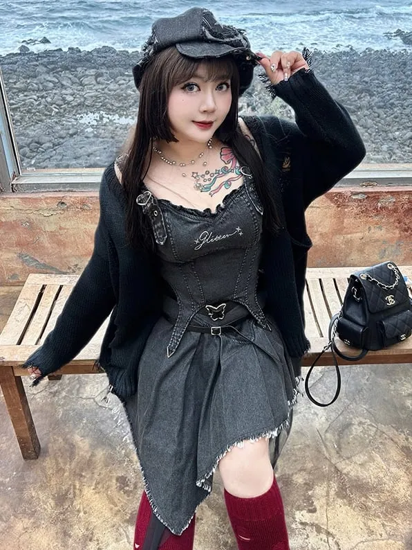 Plus Size Y2K Dark Grey Asymmetrical Hem High Waist Denim Skirt with Free Belts
