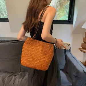 Soft Straw Tote Bag With Leather Handles -Showtown